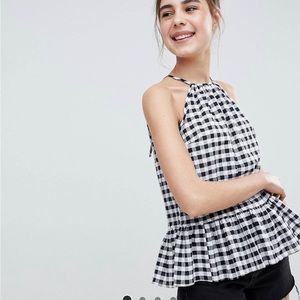 ASOS gingham linen high neck peplum top size 12